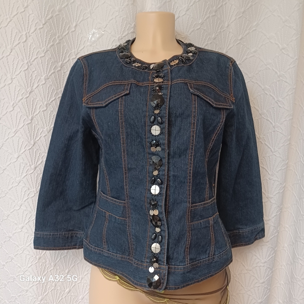 Ruby Rd. Vintage  Women Size 10 Dark Blue Jean Jacket with Embellishments